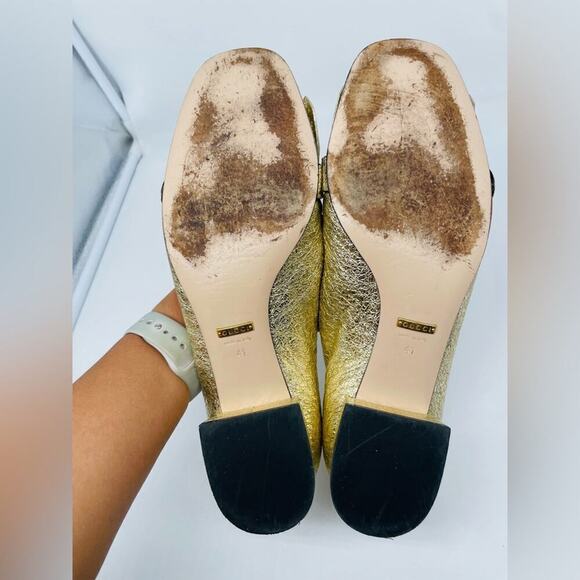 Gucci Gold Metallic leather GG fringe Marmont 30mm Heeled Loafer pumps EU 41 - Picture 10 of 12